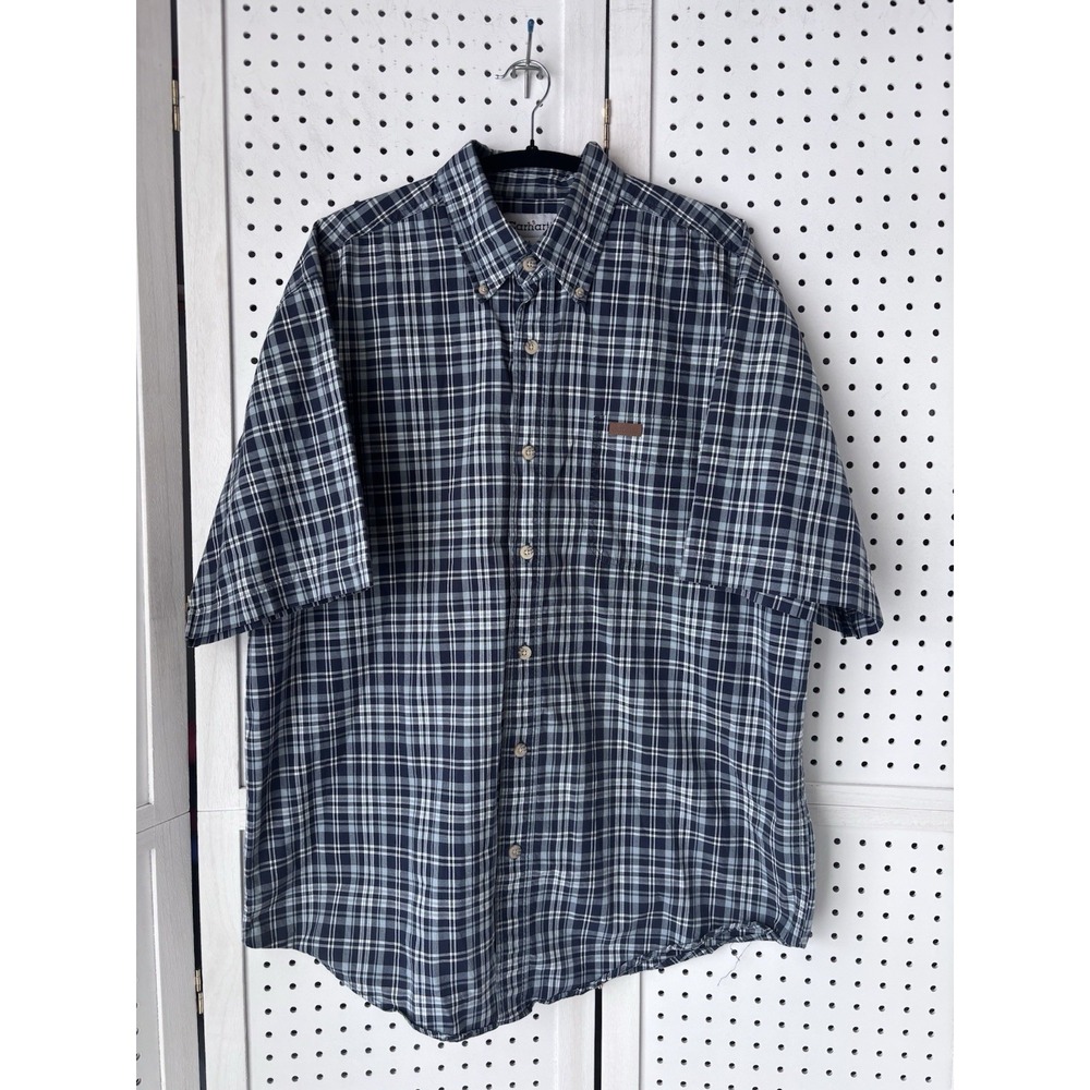 Carhartt Men's Lg Blue Plaid Short SLV‎ Cotton Button Down Shirt Collared